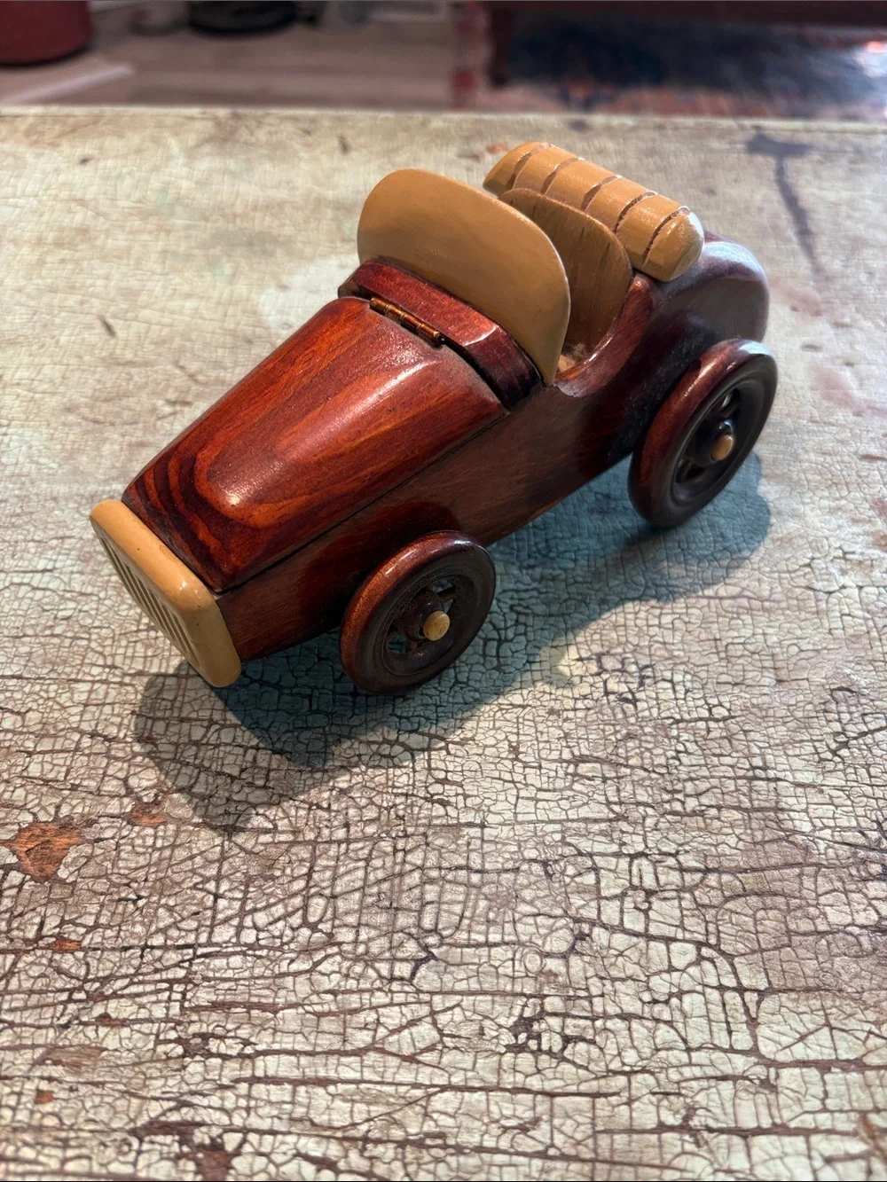 Vintage Wooden Roadster Car Trinket Box Hinged Hood Handcrafted 8” Decor